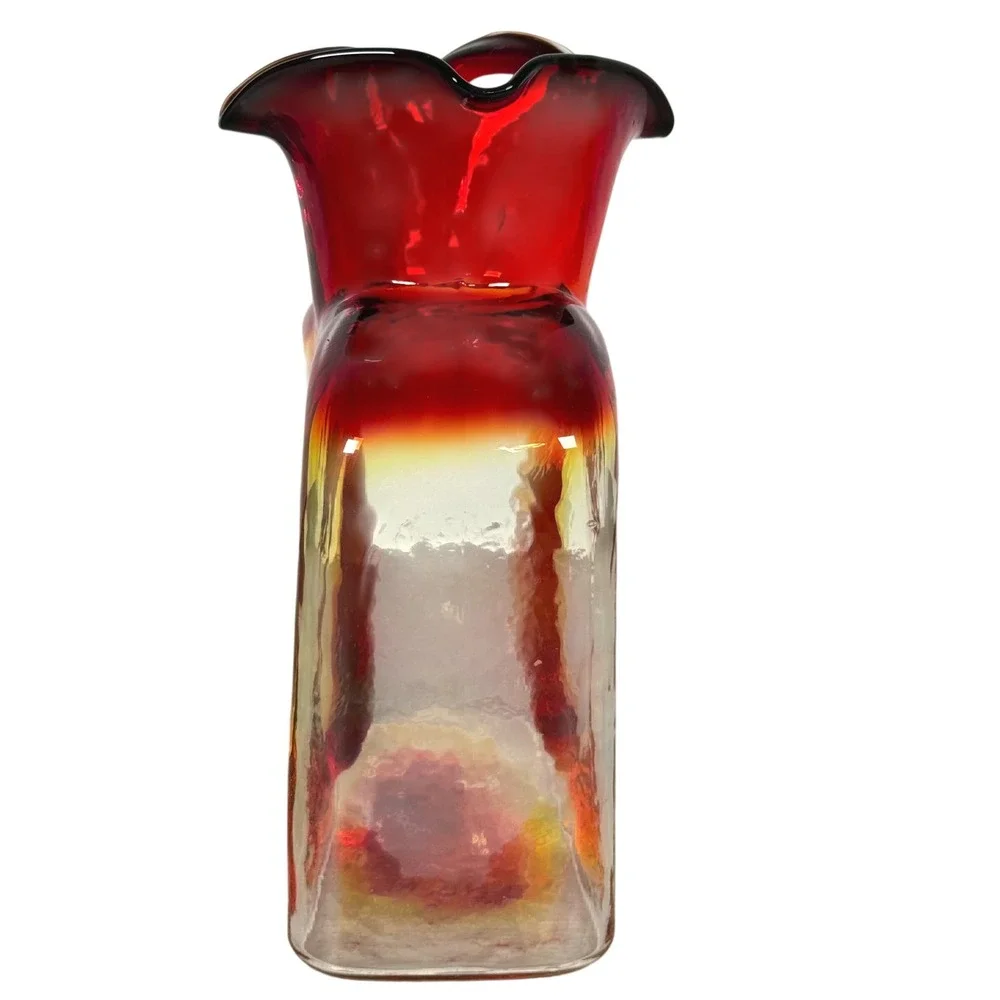 Blenko 2008 Amberina Water Bottle Vase Red Yellow Double Spout 8